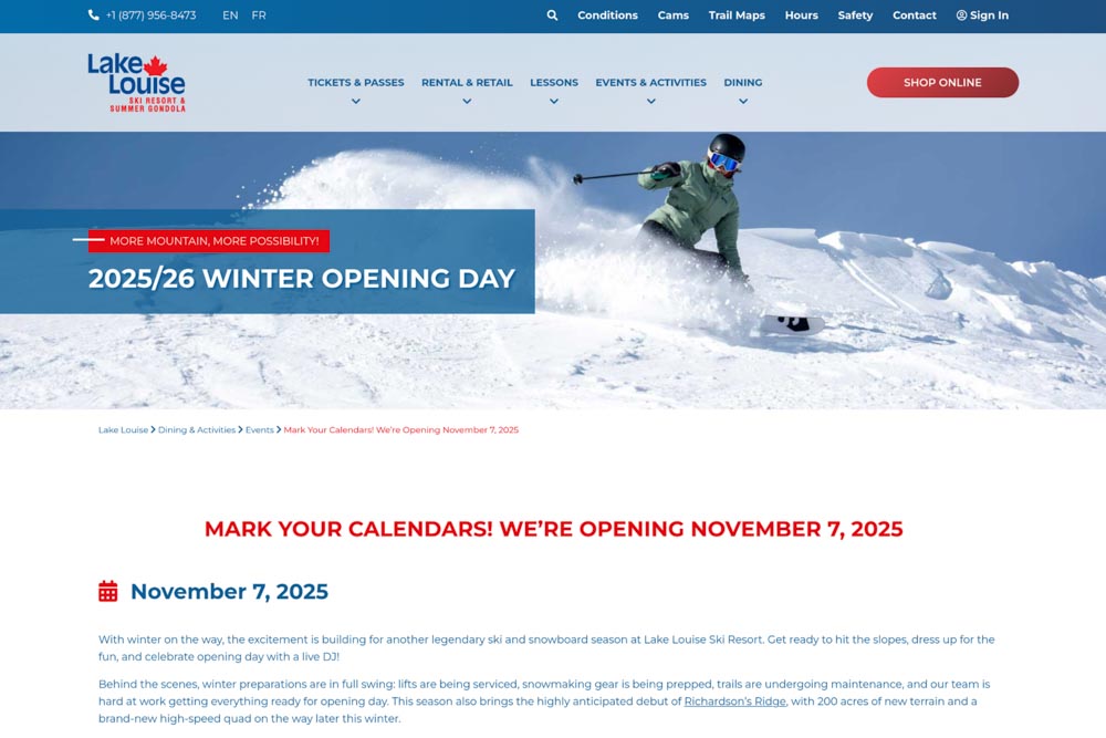 Screenshot of the resort website featuring the East Bowl powder image.