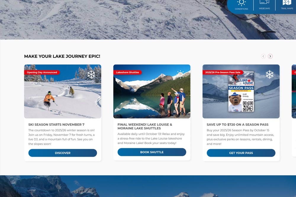 Screenshot of the resort website featuring the skier‑and‑boarder powder image.