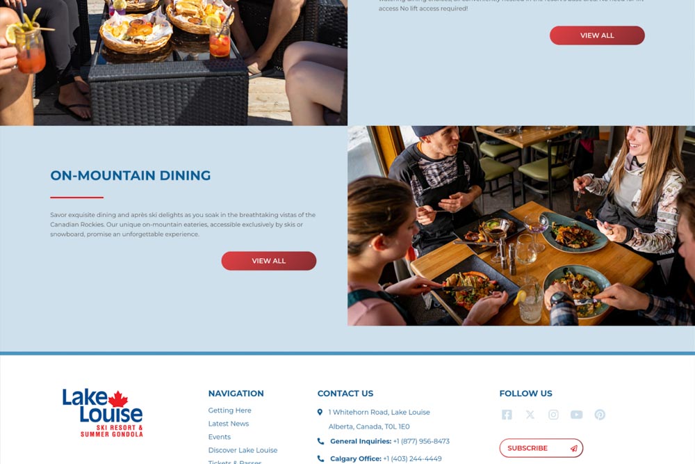 Screenshot of the resort website using the Whitehorn Bistro lunch image.