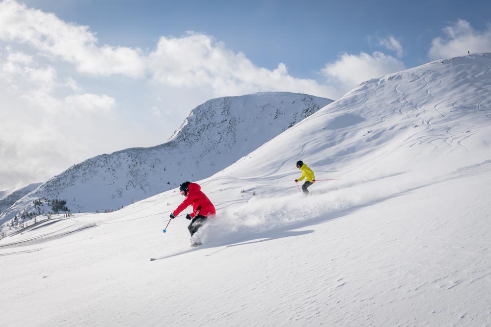 Two skiers carve soft turns through wind‑blown gully fans on a backside slope.